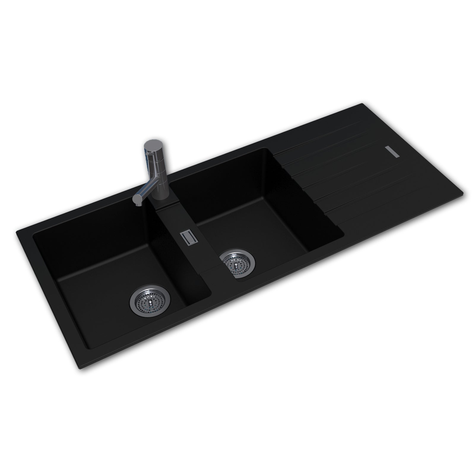 Black granite double bowl kitchen sink with drainboard, 1160 × 500 mm-Ezymall AU