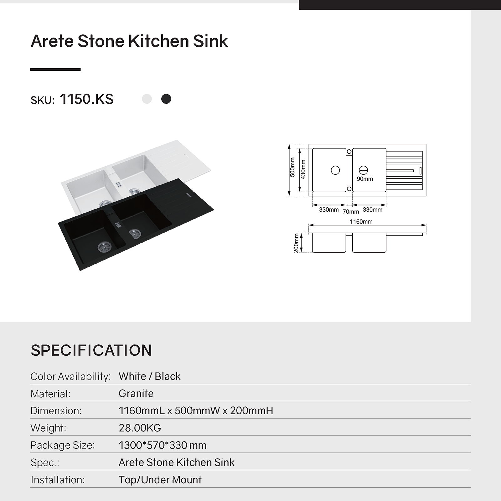 The Granite Arete Stone Double Bowl Kitchen Sink features a drain board and measures 1160x500x200mm. Its white finish adds a touch of elegance to your kitchen. Durable and functional.-Kitchen Sink-Ezymall AU