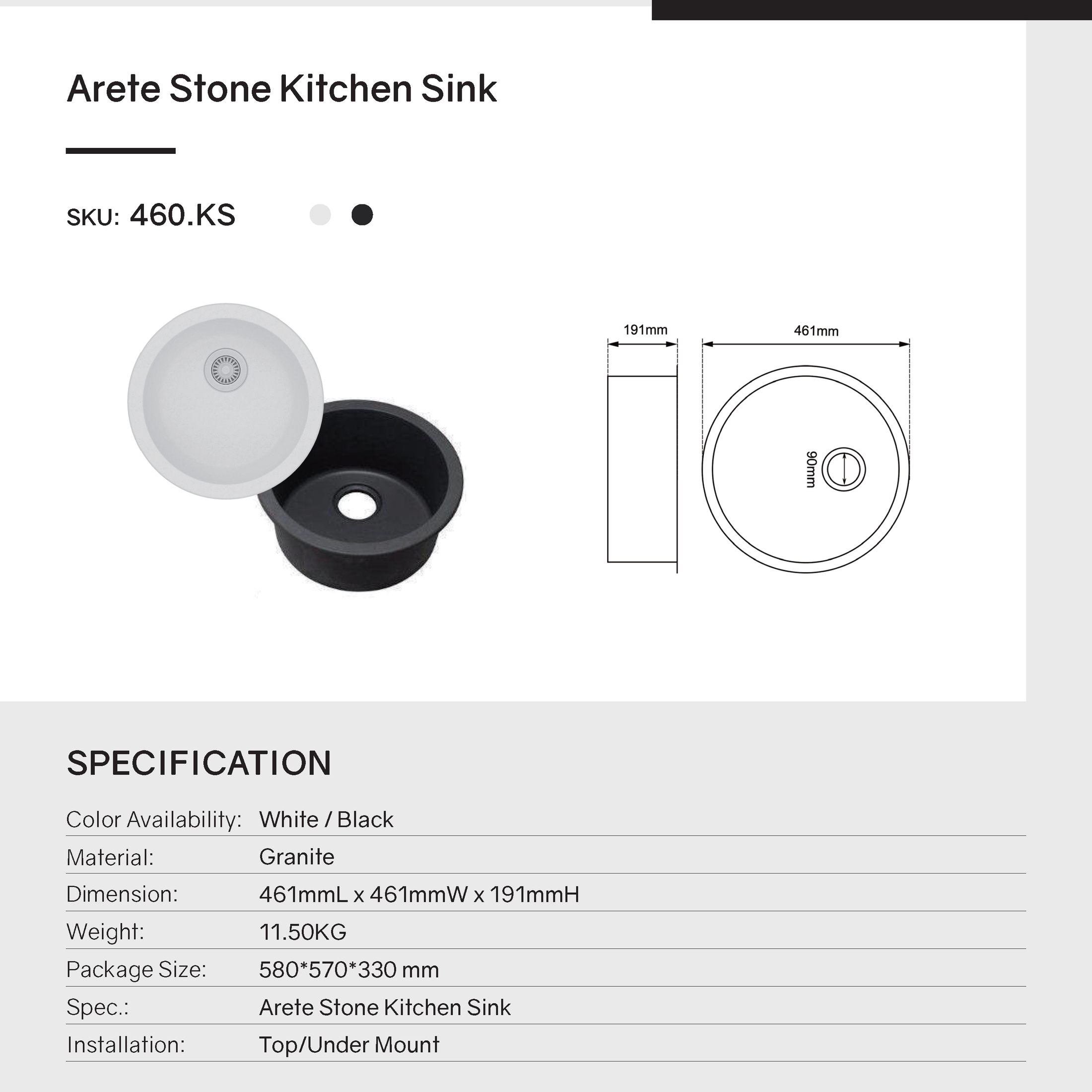 Add style to your kitchen with the Granite Arete stone round single bowl kitchen sink in white. This 460mm sink is made from durable granite. Perfect for any modern kitchen. Shop now!-Kitchen Sink-Ezymall AU