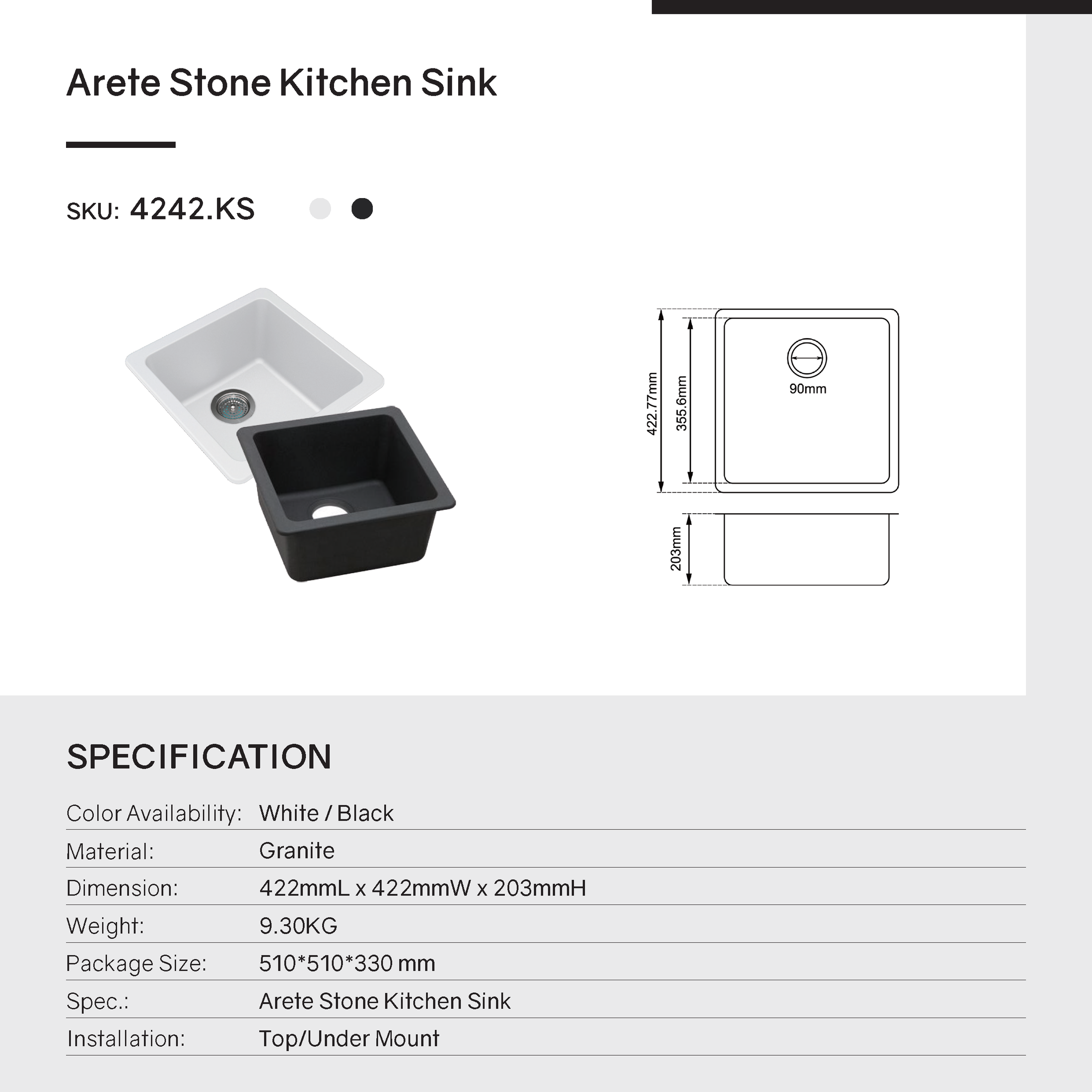The Granite Arete Stone Single Bowl Kitchen Sink in White (422*422mm) combines durability with a sleek design. Its square design adds a modern touch to your kitchen. Shop now at Ezymall Australia for quality kitchen solutions.-Kitchen Sink-Ezymall AU