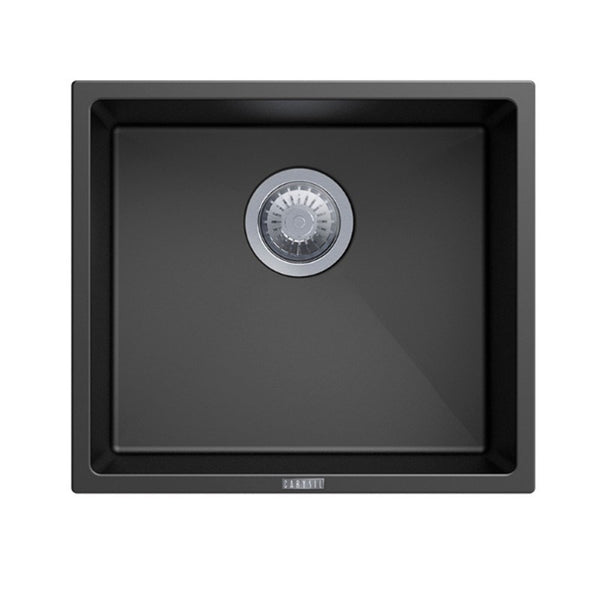 The Granite Arete Stone Single Bowl Kitchen Sink measures 457x406mm and features a sleek black finish. Durable and stylish, perfect for modern kitchens. Upgrade your space today!-Kitchen Sink-Ezymall AU