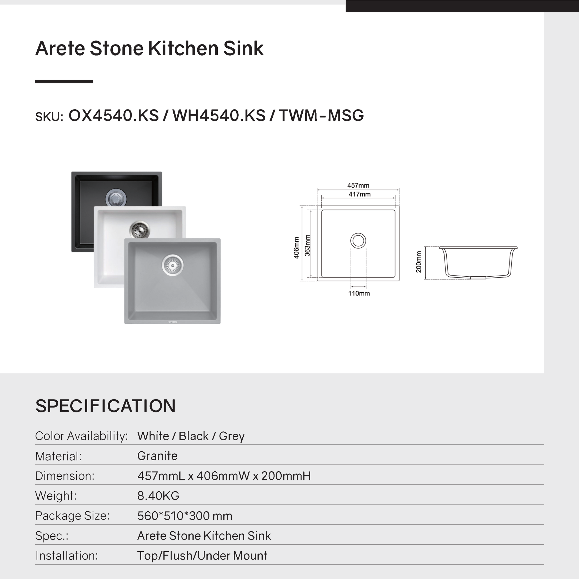 The Granite Arete Stone Single Bowl Kitchen Sink measures 457x406mm and features a sleek concrete grey finish. Durable and stylish, perfect for modern kitchens. Upgrade your space today!-Kitchen Sink-Ezymall AU