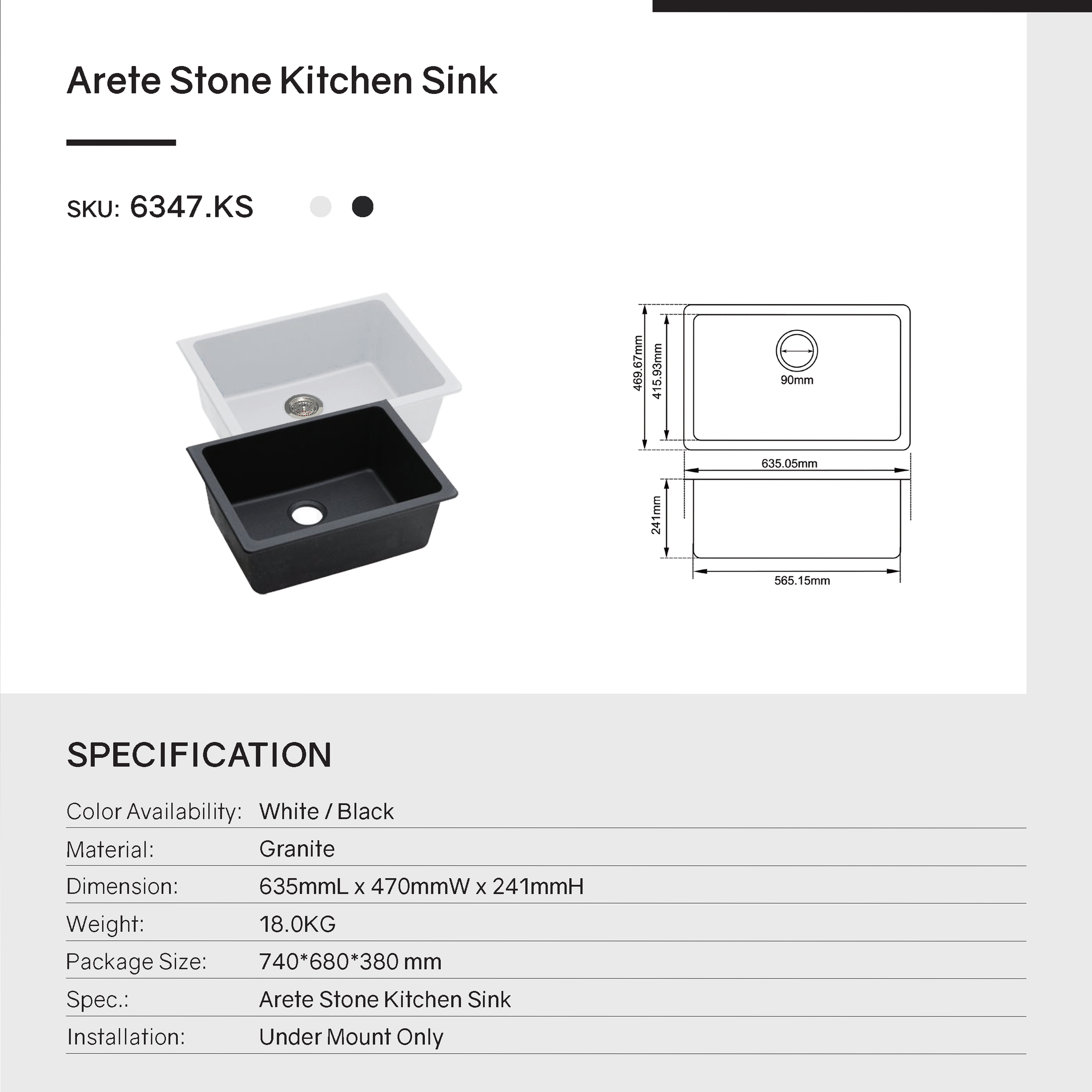 The Granite Arete Stone Single Bowl Kitchen Sink in Black (635*469mm) combines durability with a sleek design. Its rectangular design adds a modern touch to your kitchen. Shop now at Ezymall Australia for quality kitchen solutions.-Kitchen Sink-Ezymall AU