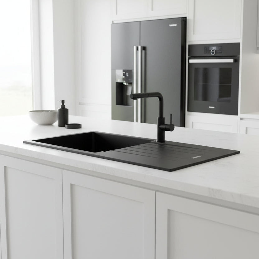 Upgrade your kitchen with the Granite Arete stone single bowl kitchen sink in black. This sink features a drain board and is made from durable granite. Perfect for any modern kitchen. Shop now!-Kitchen Sink-Ezymall AU