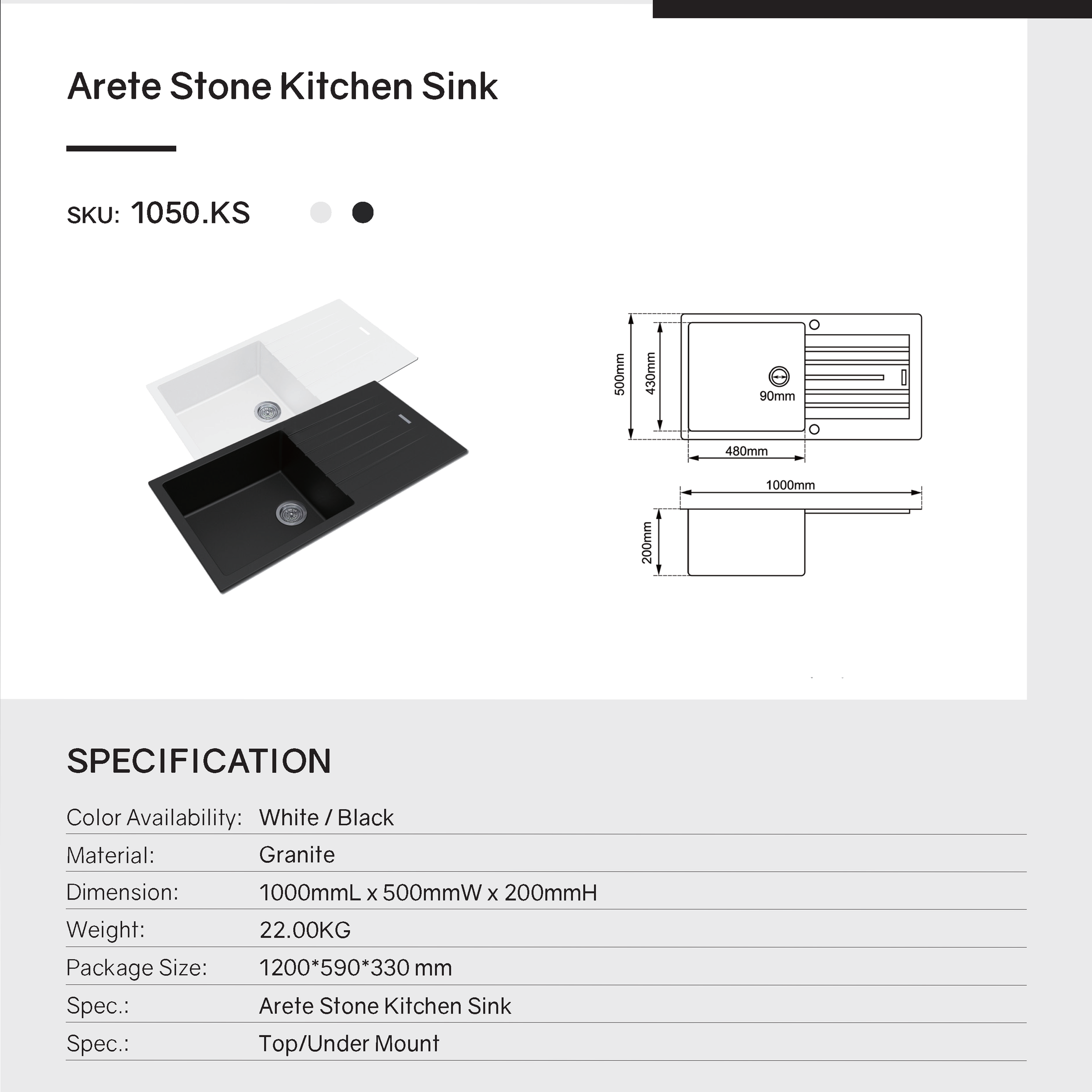 Upgrade your kitchen with the Granite Arete stone single bowl kitchen sink in black. This sink features a drain board and is made from durable granite. Perfect for any modern kitchen. Shop now!-Kitchen Sink-Ezymall AU