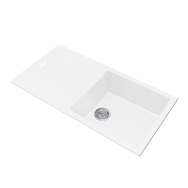 The Granite Arete Stone Single Bowl Kitchen Sink with Drain Board in White combines practicality with style. This sink offers extra space for drying dishes. Shop now at Ezymall Australia for quality kitchen solutions.-Kitchen Sink-Ezymall AU
