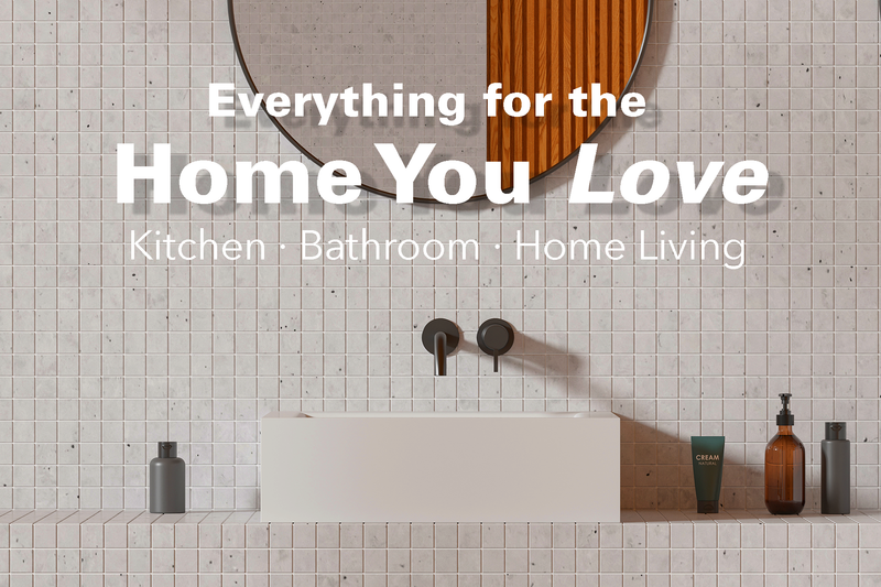 Modern tiled bathroom featuring Ezymall kitchen, bathroom and home living products.