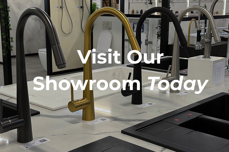 Kitchen mixer tap display at the Ezymall showroom with the message Visit Our Showroom Today.