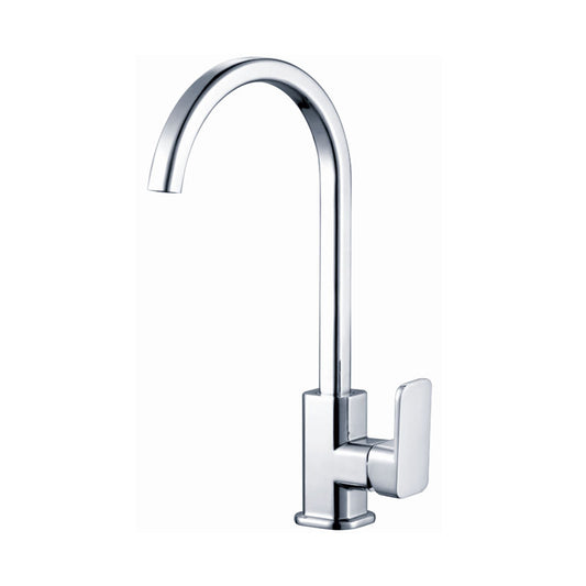 Chrome finish solid brass kitchen mixer tap with a high curved spout and side lever handle.