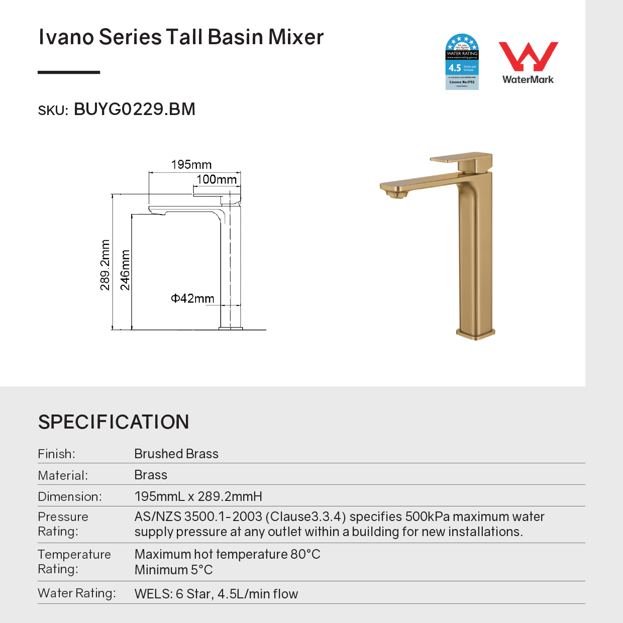 IVANO solid brass tall basin mixer brushed brass gold – view 8