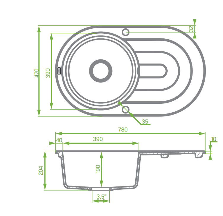 Laveo Dafne SBD 481T granite composite sink dimensions 780 × 470 × 204mm