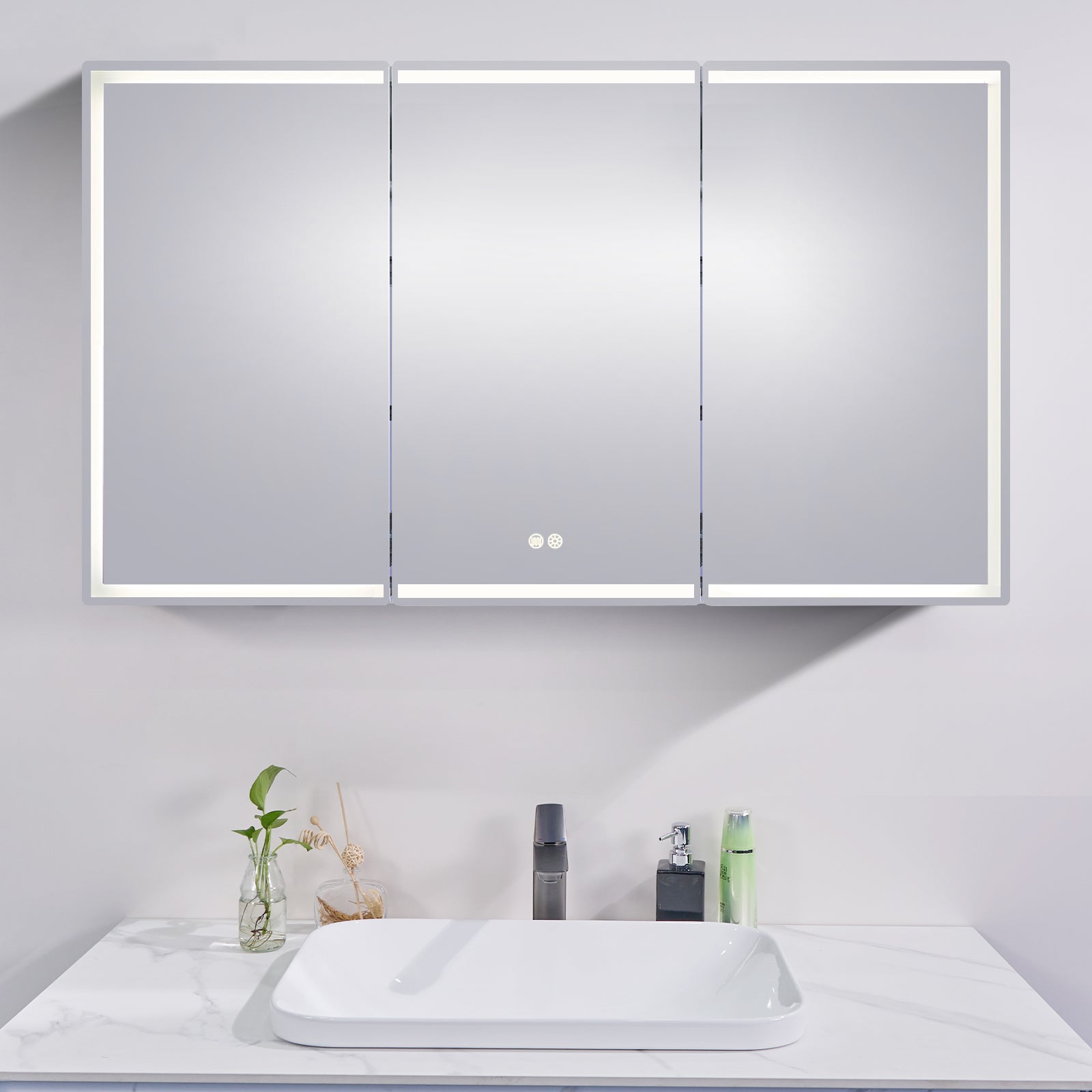 Buy LED Mirror Shaving Cabinet with three doors (1500x720mm). Enjoy adjustable lighting & defogging features. Perfect for your bathroom. Shop now!-Shaving Cabinet-Ezymall AU
