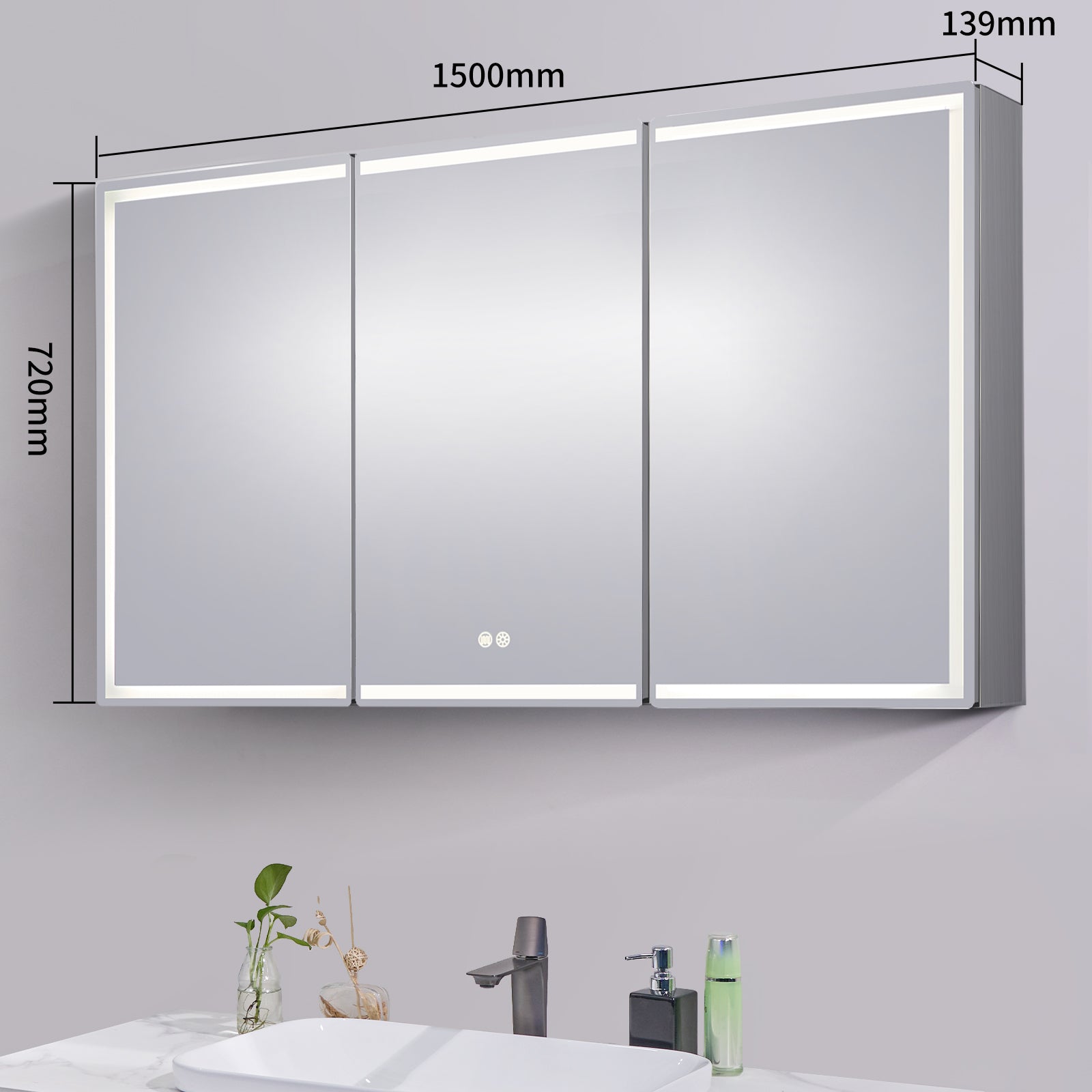 Buy LED Mirror Shaving Cabinet with three doors (1500x720mm). Enjoy adjustable lighting & defogging features. Perfect for your bathroom. Shop now!-Shaving Cabinet-Ezymall AU