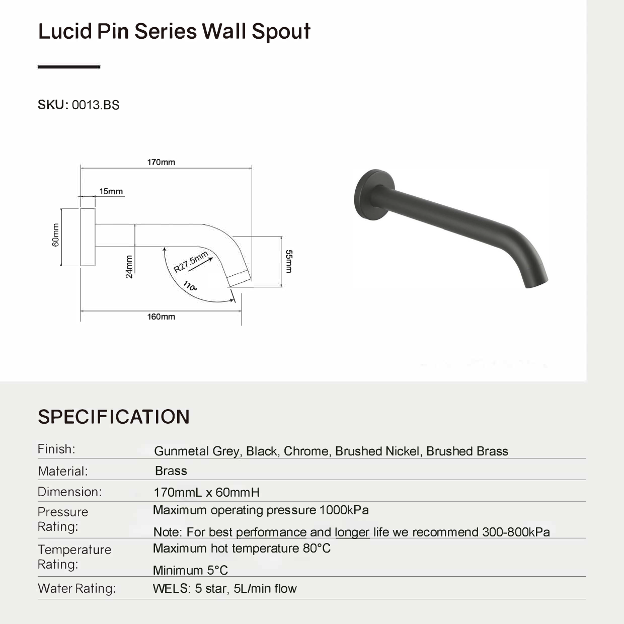 Solid brass bath spout with 5-Star WELS rating (5L/min), suitable for shower or basin mixers. Easy to install. Watermark certified. 5-year warranty.-Spout-Ezymall AU