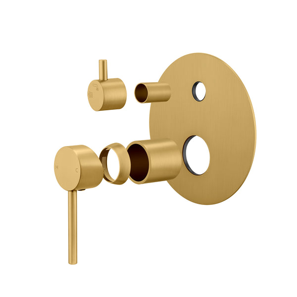 LUCID pin solid brass wall mixer tap with diverter brushed brass gold – view 2