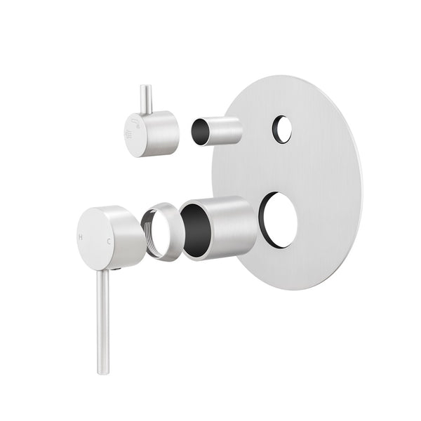 LUCID pin solid brass wall mixer tap with diverter brushed nickel silver – view 2