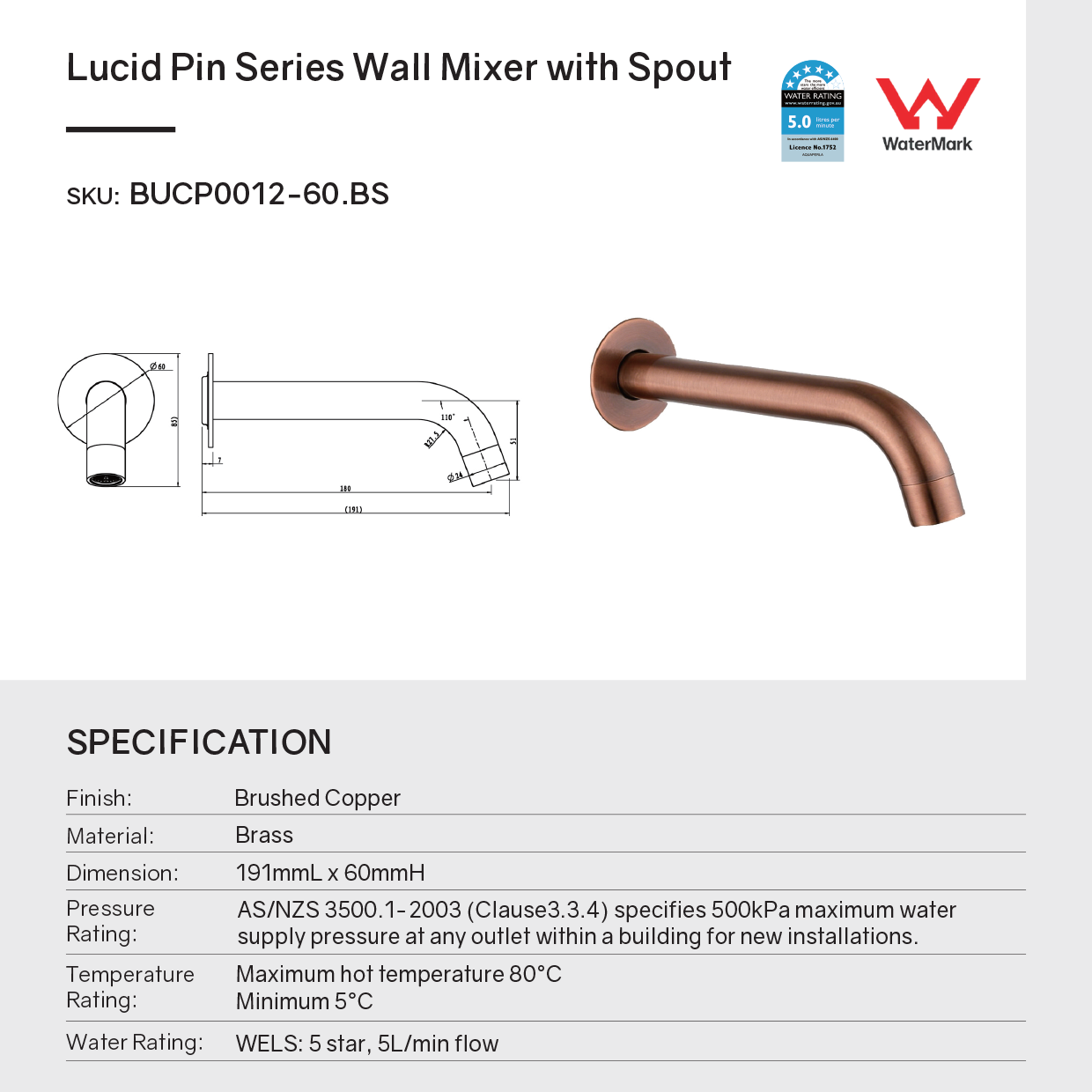 Brushed Copper bath spout suitable for bath or basin mixers, featuring 5 Star WELS rating, Watermark approval, and 15-year warranty.-Spout-Ezymall AU