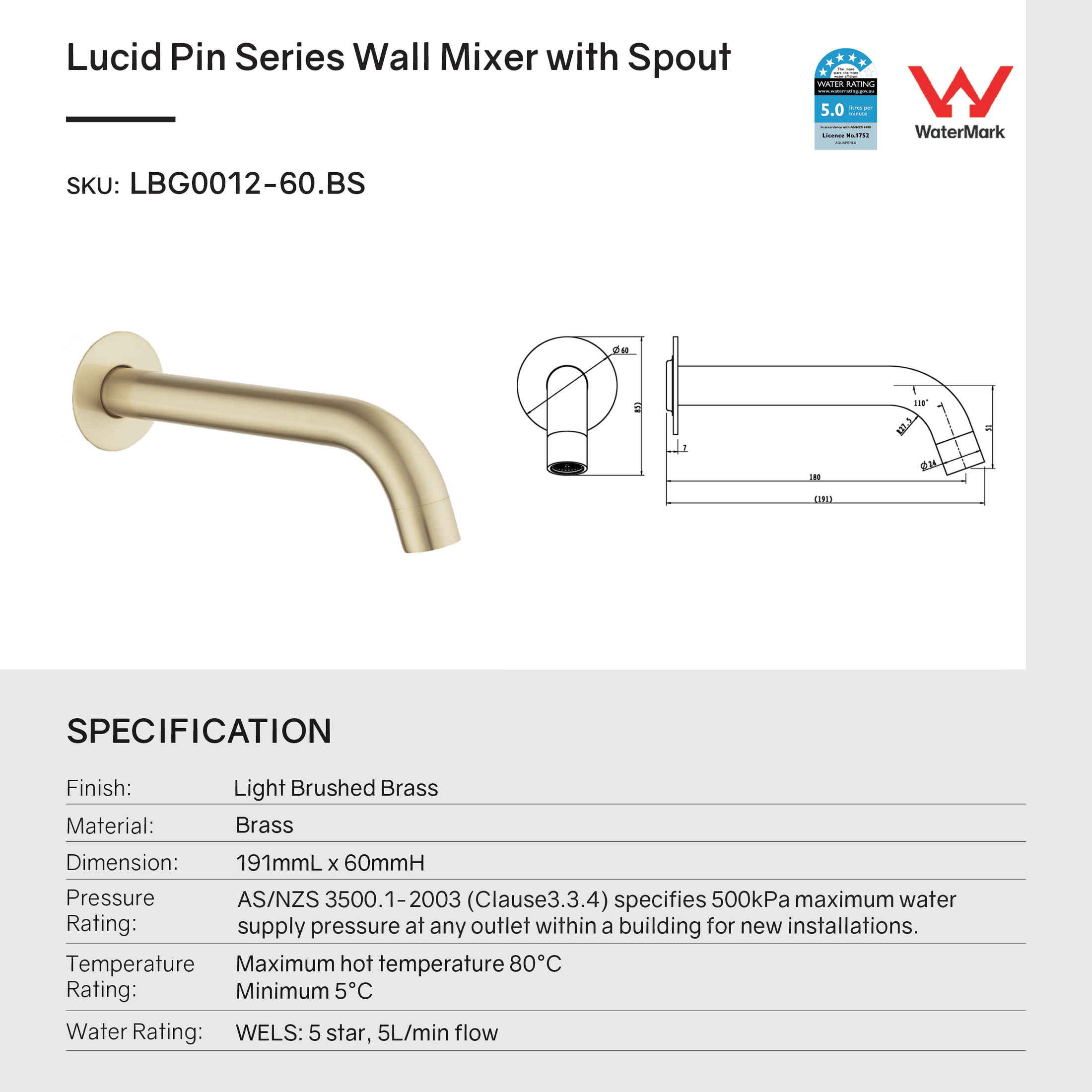 Light brushed brass bath spout suitable for bath or basin mixers, featuring 5 Star WELS rating, Watermark approval, and 15-year warranty.-Spout-Ezymall AU