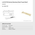 Load image into Gallery viewer, Specifications for LUCID PIN stainless steel towel shelf in light brushed brass
