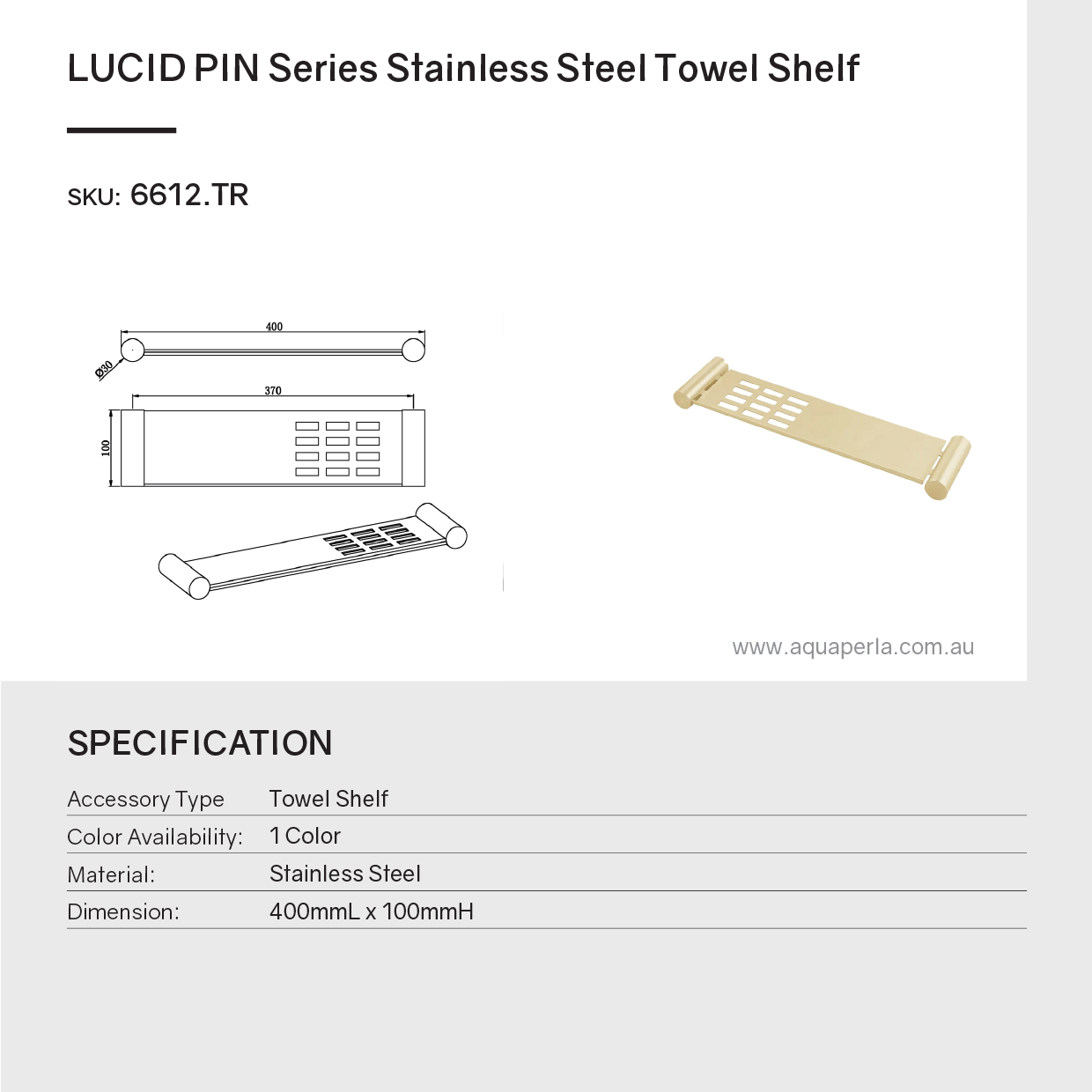 Specifications for LUCID PIN stainless steel towel shelf in light brushed brass