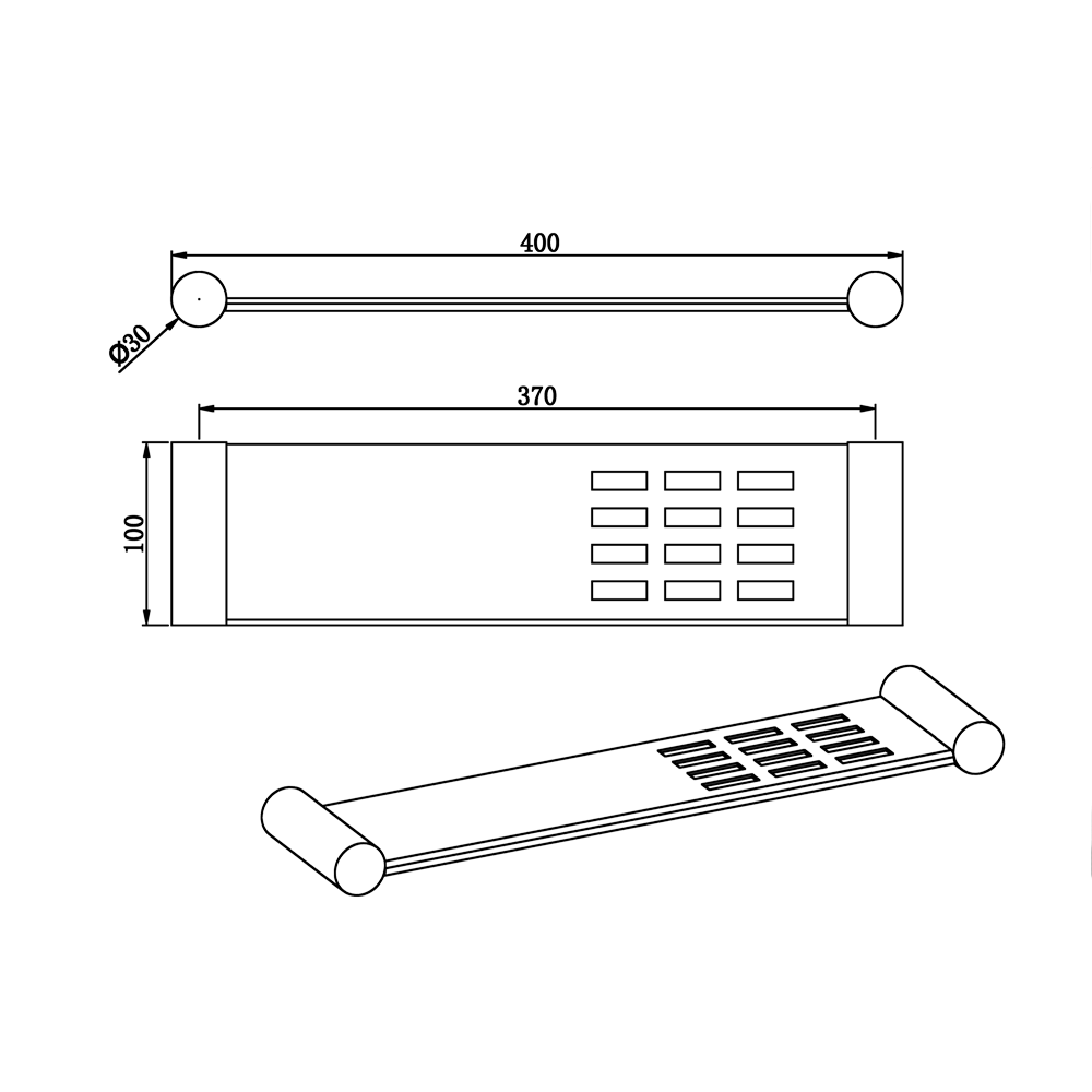 LUCID PIN towel shelf dimensions, 400mm long by 100mm high