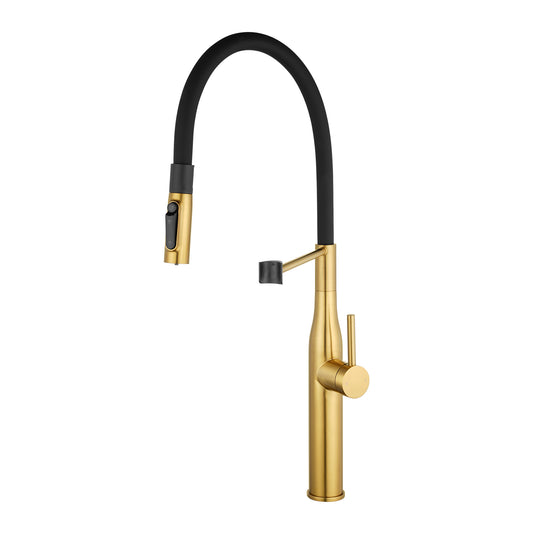 Brushed brass magnetic Pull-Down Kitchen Mixer with Filter Connection with pull-down spray head extended
