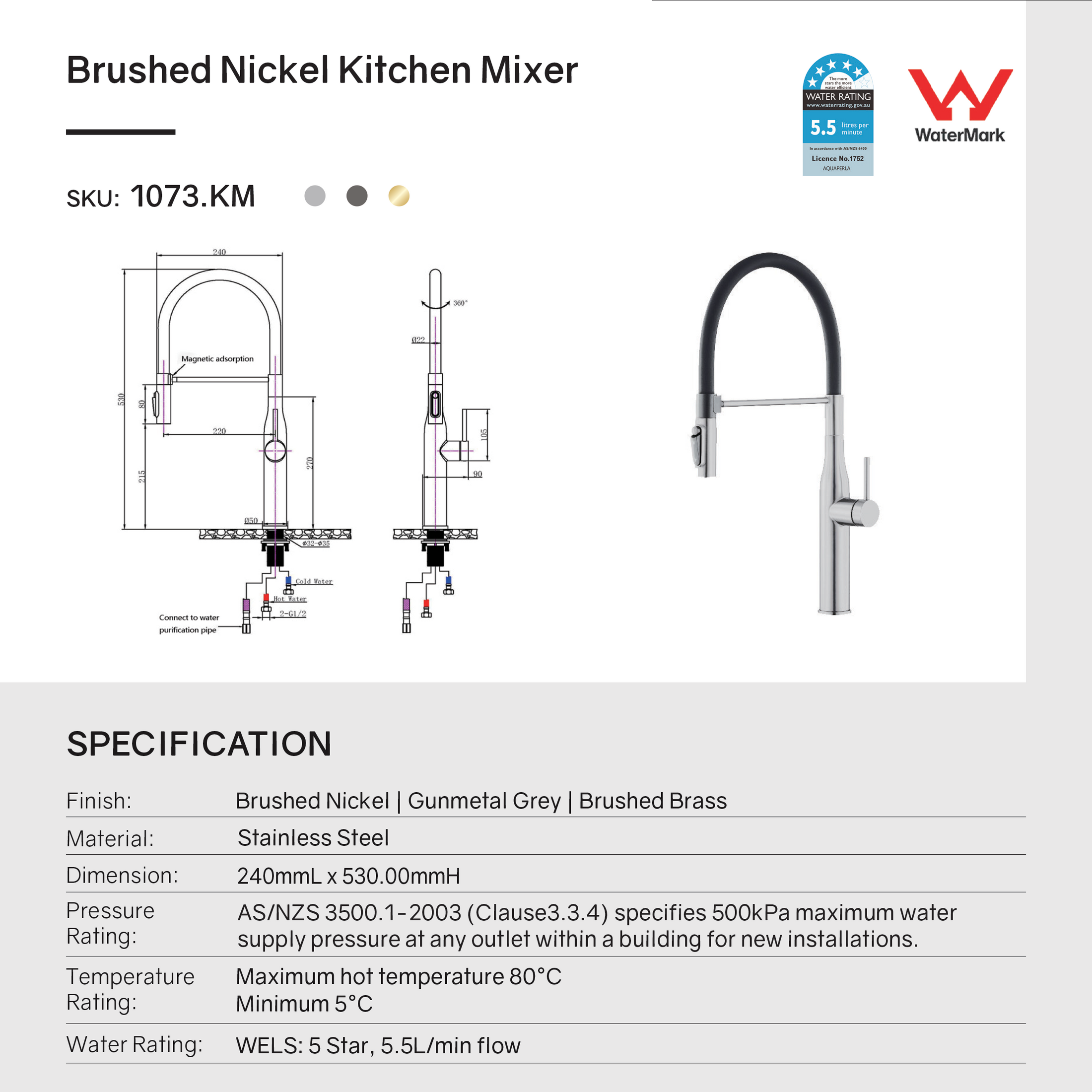 Premium magnetic pull-down kitchen mixer with 360° swivel spout, filter-ready design, solid brass construction, and 5 Star WELS water efficiency.-Kitchen Mixer-Ezymall AU
