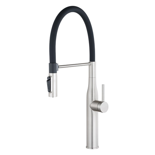 Brushed nickel silver magnetic Pull-Down Kitchen Mixer with Filter Connection front view on a white background