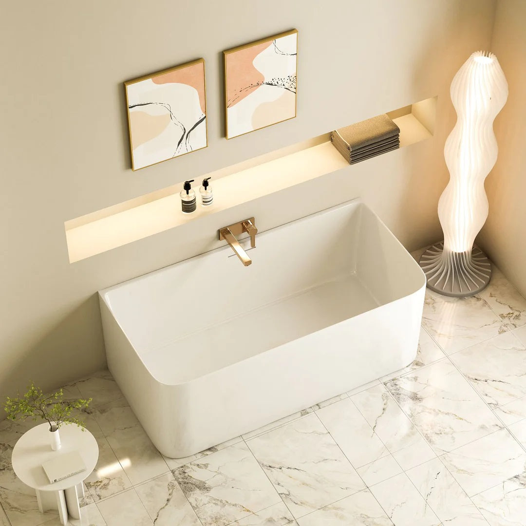 Modern 1500mm back-to-wall bathtub with ultra-slim edge, premium acrylic construction, stainless steel frame, and ergonomic comfort.-Bathtub-Ezymall AU