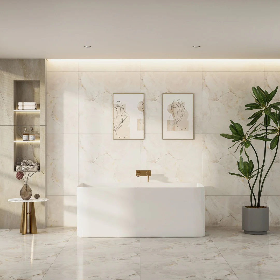 Modern 1500mm back-to-wall bathtub with ultra-slim edge, premium acrylic construction, stainless steel frame, and ergonomic comfort.-Bathtub-Ezymall AU
