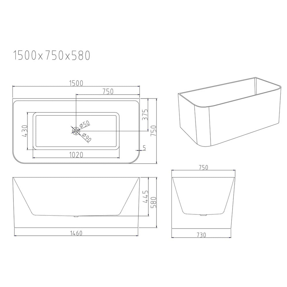 Modern 1500mm back-to-wall bathtub with ultra-slim edge, premium acrylic construction, stainless steel frame, and ergonomic comfort.-Bathtub-Ezymall AU