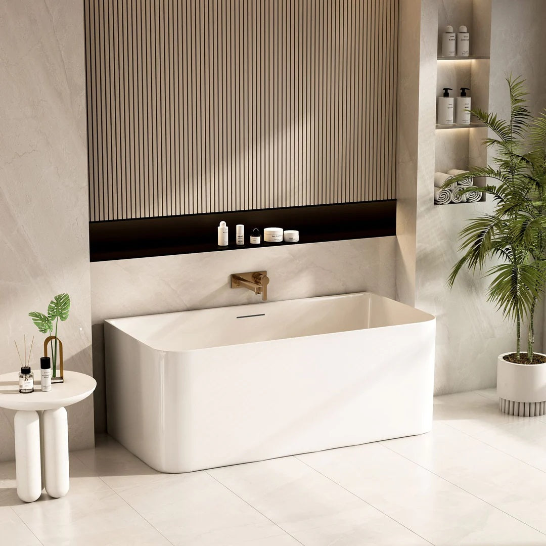 Modern 1500mm back-to-wall bathtub with ultra-slim edge, premium acrylic construction, stainless steel frame, and ergonomic comfort.-Bathtub-Ezymall AU