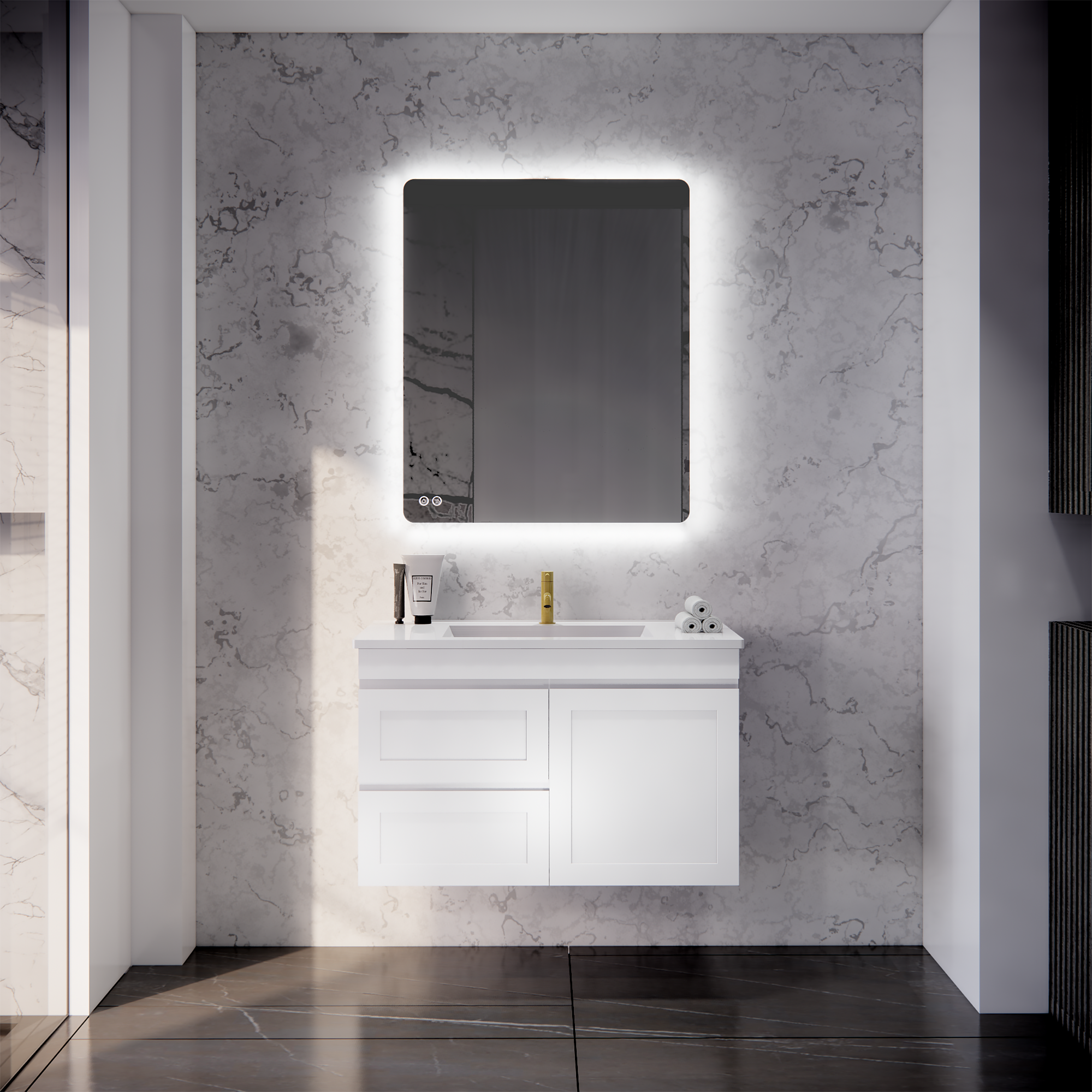 Upgrade your bathroom with the Miami 882mm Wall Hung Vanity. Fluted design, flexible storage and premium top options available.-Vanity-Left Hand Drawers-Cabinet Only-Ezymall AU