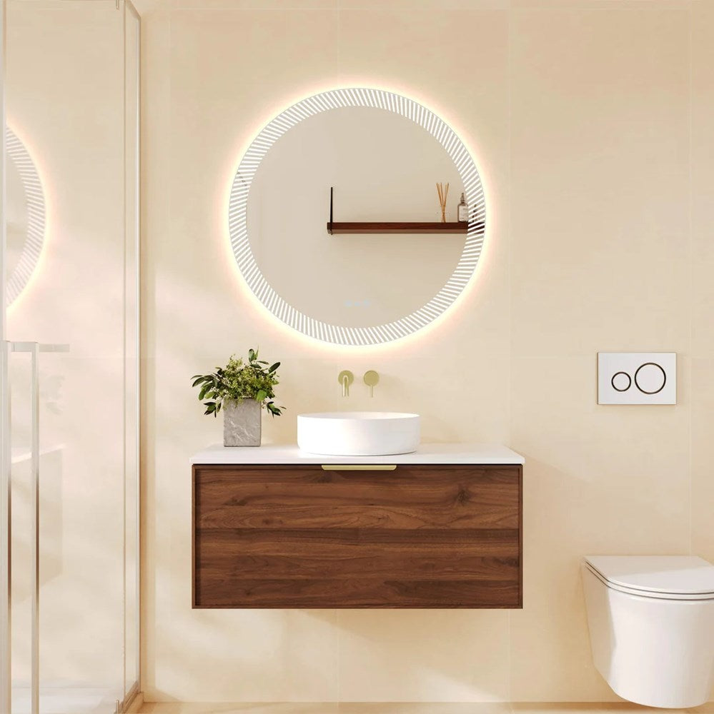 Upgrade your bathroom with the Paris 890mm Wall Hung Vanity. Walnut Woodmatt finish, premium handle options and customisable top selections.-Vanity-Brushed Brass Gold-Cabinet Only-Ezymall AU