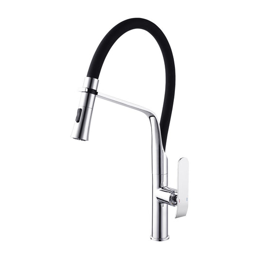 Chrome silver pull Out 2 Water Flow Kitchen Mixer 360-degree Swivel Spout front view on a white background