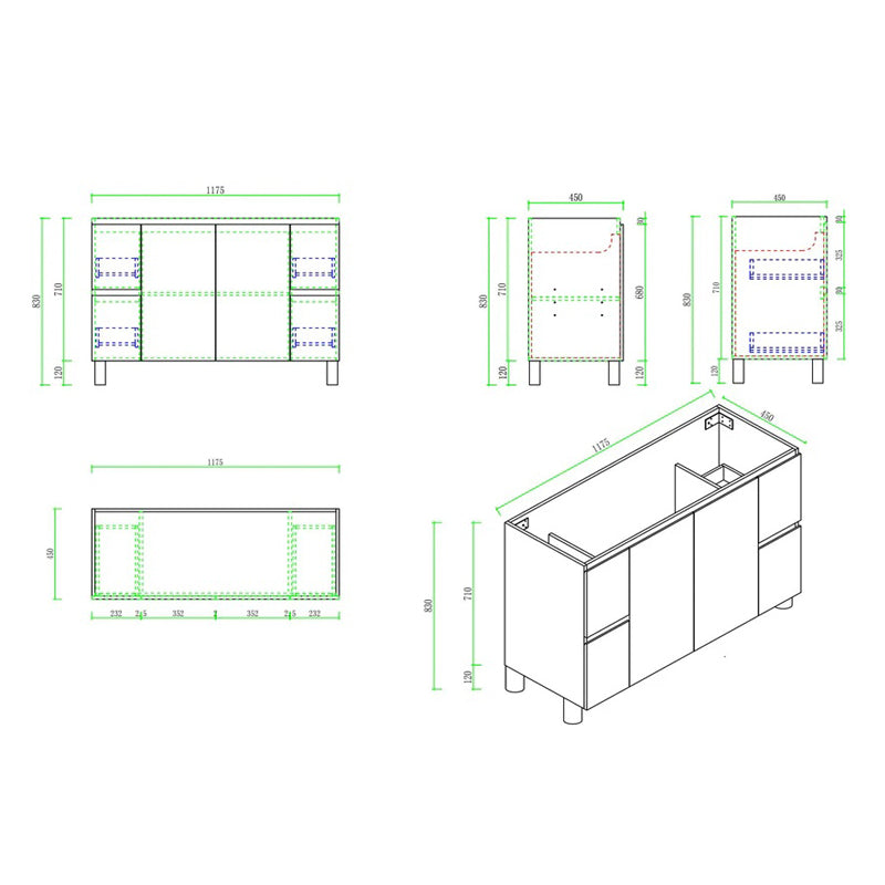Upgrade your bathroom with the RITA 1175mm Freestanding Vanity. Elegant Oak finish, 2 doors, 4 drawers and premium top options available.-Vanity-Cabinet Only-Legs-Ezymall AU