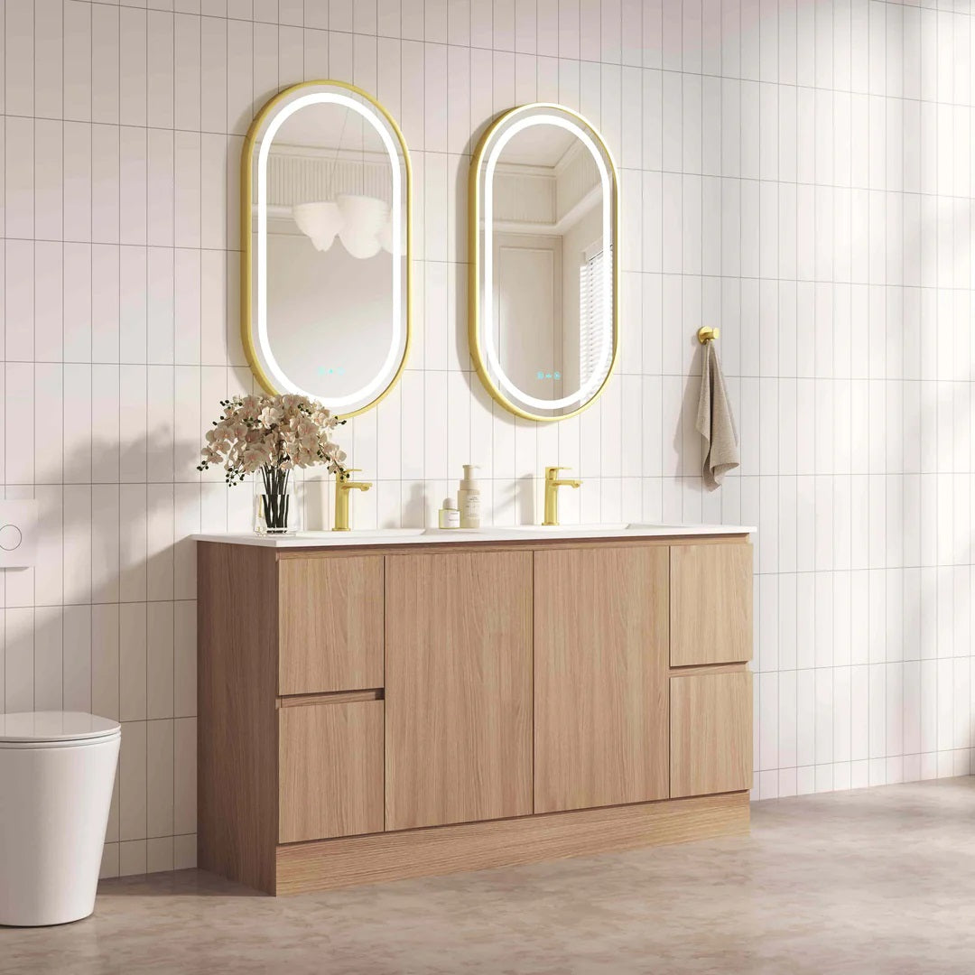 Upgrade your bathroom with the RITA 1480mm Freestanding Vanity. Elegant Oak finish, 2 doors, 4 drawers and premium top options available.-Vanity-Cabinet Only-Legs-Ezymall AU