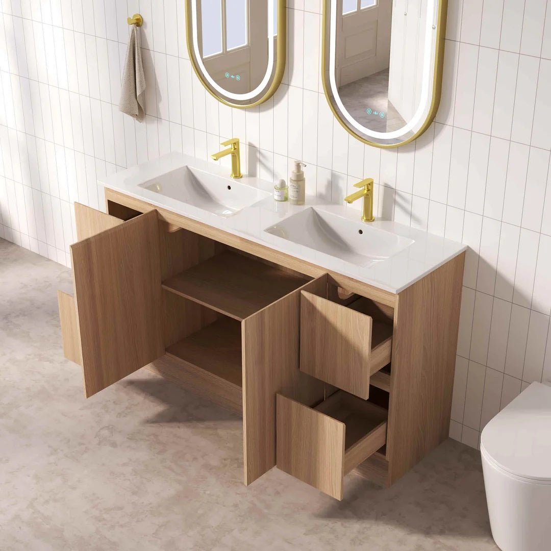 Upgrade your bathroom with the RITA 1480mm Freestanding Vanity. Elegant Oak finish, 2 doors, 4 drawers and premium top options available.-Vanity-Cabinet Only-Legs-Ezymall AU