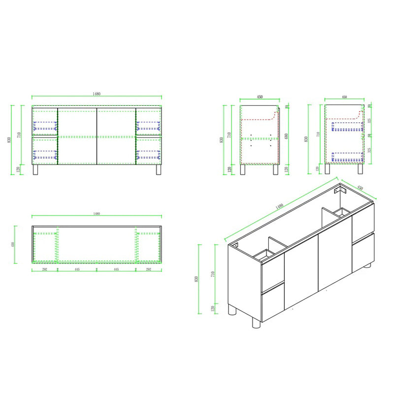 Upgrade your bathroom with the RITA 1480mm Freestanding Vanity. Elegant Oak finish, 2 doors, 4 drawers and premium top options available.-Vanity-Cabinet Only-Legs-Ezymall AU