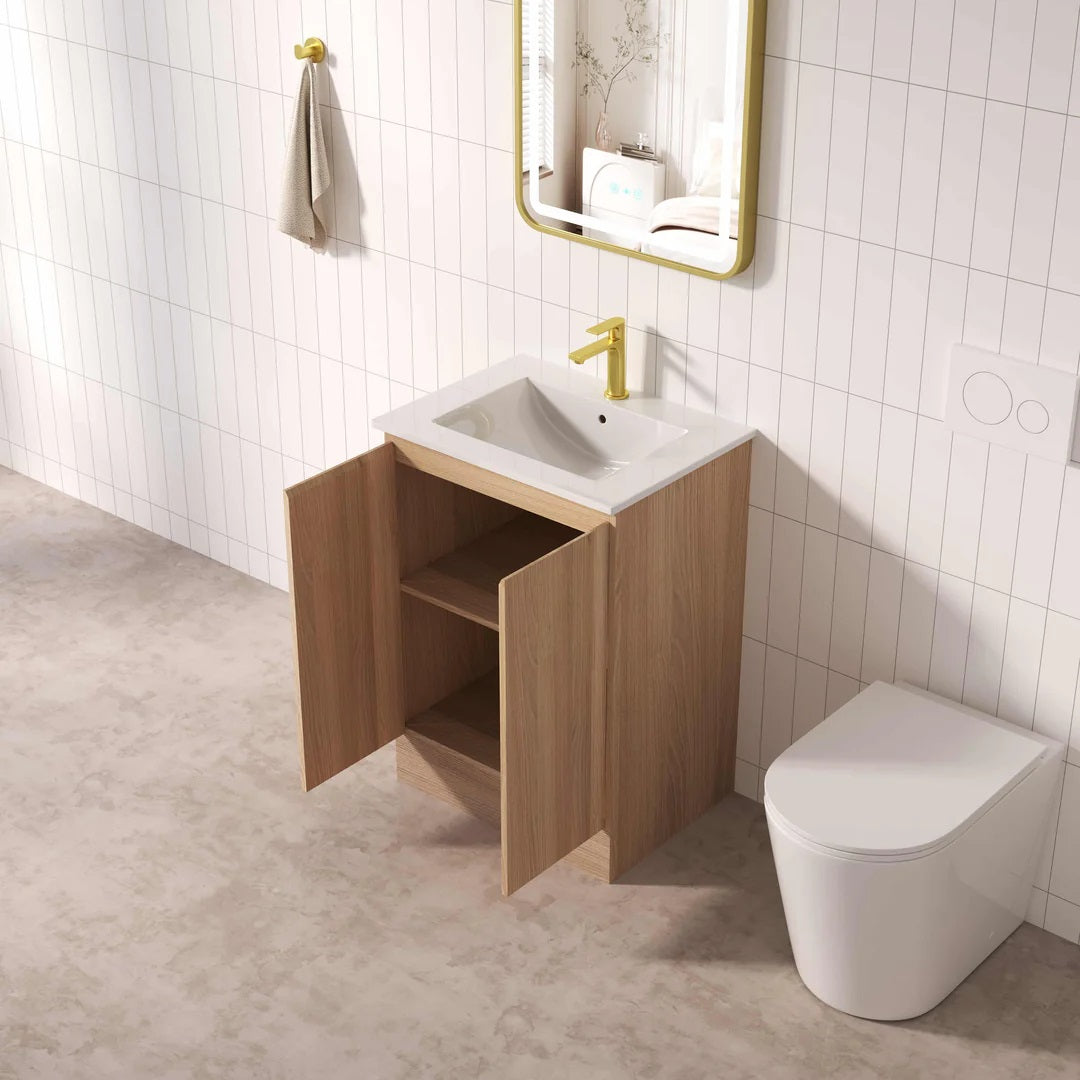 Upgrade your bathroom with the RITA 586mm Freestanding Vanity. Elegant Oak finish, two-door storage and premium top options available.-Vanity-Cabinet Only-Legs-Ezymall AU