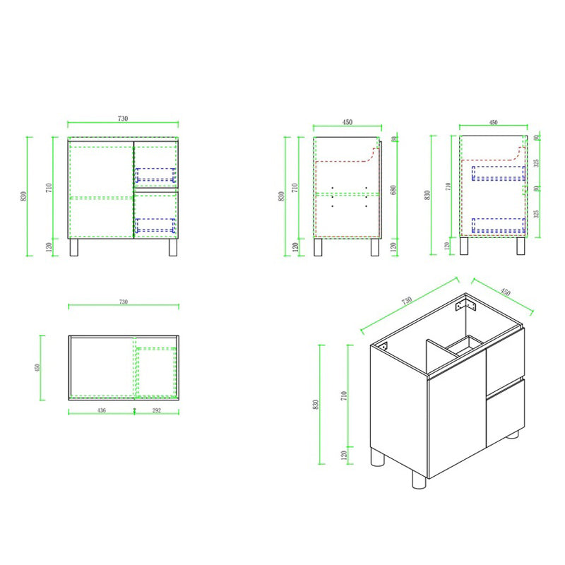 Upgrade your bathroom with the RITA 730mm Freestanding Vanity. Elegant Oak finish, 2 drawers, 1 door and premium top options available.-Vanity-Left Hand Drawers-Cabinet Only-Legs-Ezymall AU