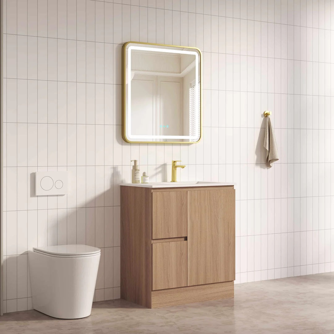 Upgrade your bathroom with the RITA 730mm Freestanding Vanity. Elegant Oak finish, 2 drawers, 1 door and premium top options available.-Vanity-Left Hand Drawers-Cabinet Only-Legs-Ezymall AU