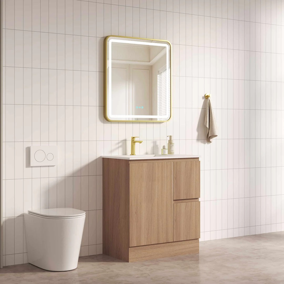 Upgrade your bathroom with the RITA 730mm Freestanding Vanity. Elegant Oak finish, 2 drawers, 1 door and premium top options available.-Vanity-Left Hand Drawers-Cabinet Only-Legs-Ezymall AU