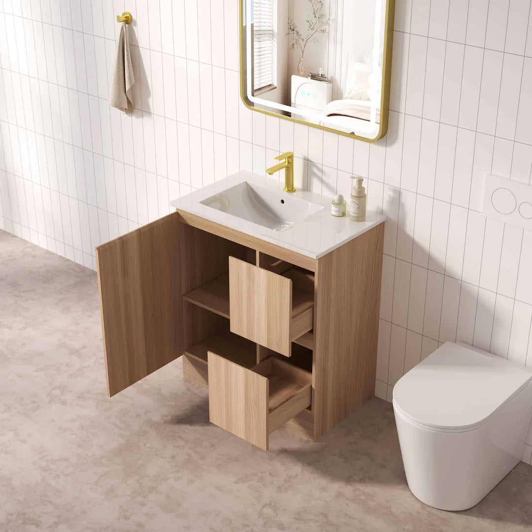 Upgrade your bathroom with the RITA 730mm Freestanding Vanity. Elegant Oak finish, 2 drawers, 1 door and premium top options available.-Vanity-Left Hand Drawers-Cabinet Only-Legs-Ezymall AU