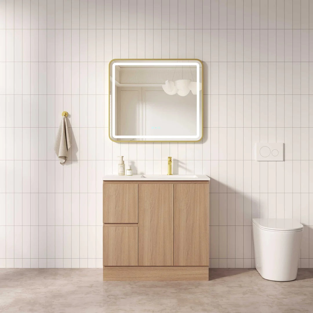 Upgrade your bathroom with the RITA 880mm Freestanding Vanity. Elegant Oak finish, 2 doors, 2 drawers and premium top options available.-Vanity-Left Hand Drawers-Cabinet Only-Kickboard-Ezymall AU