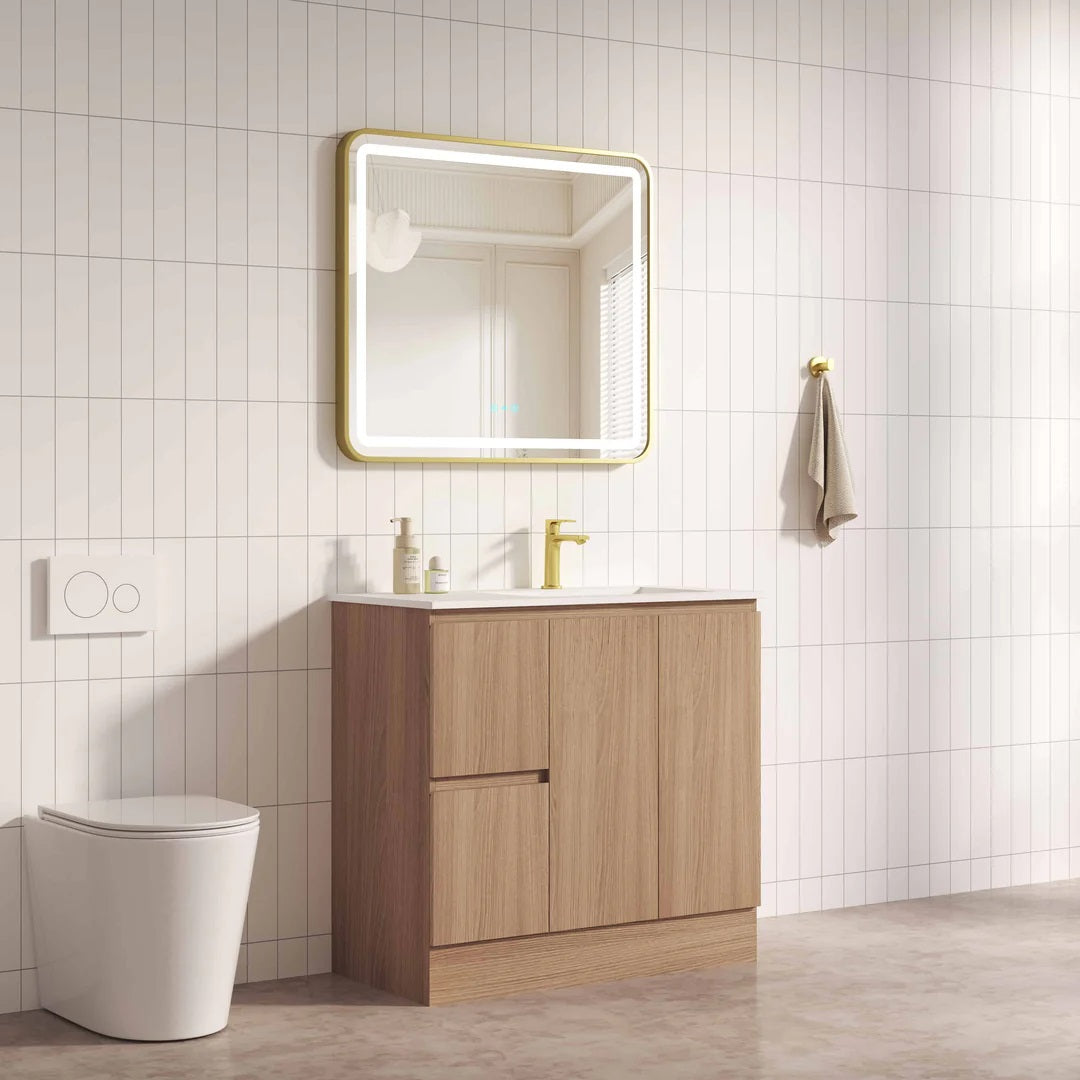 Upgrade your bathroom with the RITA 880mm Freestanding Vanity. Elegant Oak finish, 2 doors, 2 drawers and premium top options available.-Vanity-Left Hand Drawers-Cabinet Only-Legs-Ezymall AU