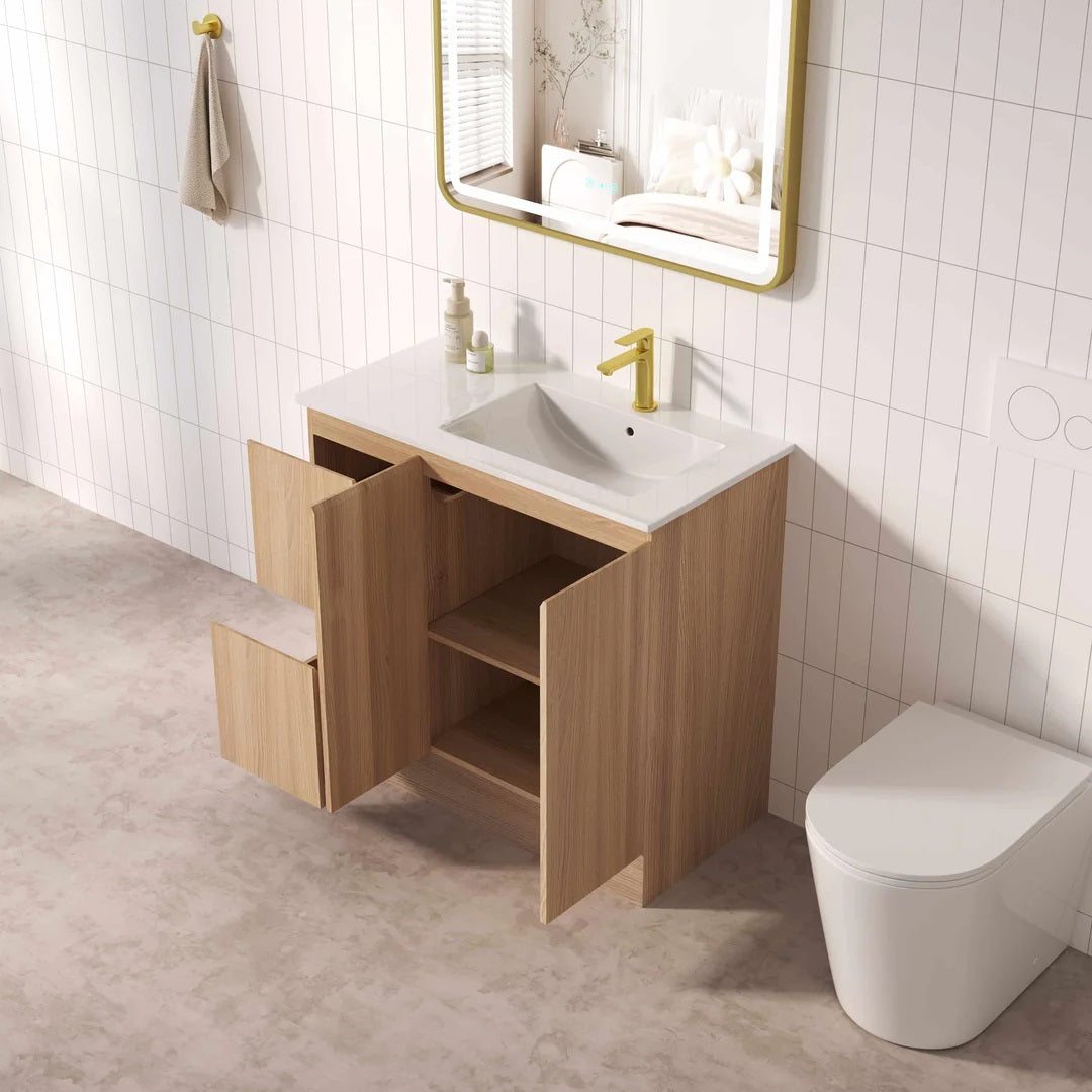 Upgrade your bathroom with the RITA 880mm Freestanding Vanity. Elegant Oak finish, 2 doors, 2 drawers and premium top options available.-Vanity-Left Hand Drawers-Cabinet Only-Legs-Ezymall AU