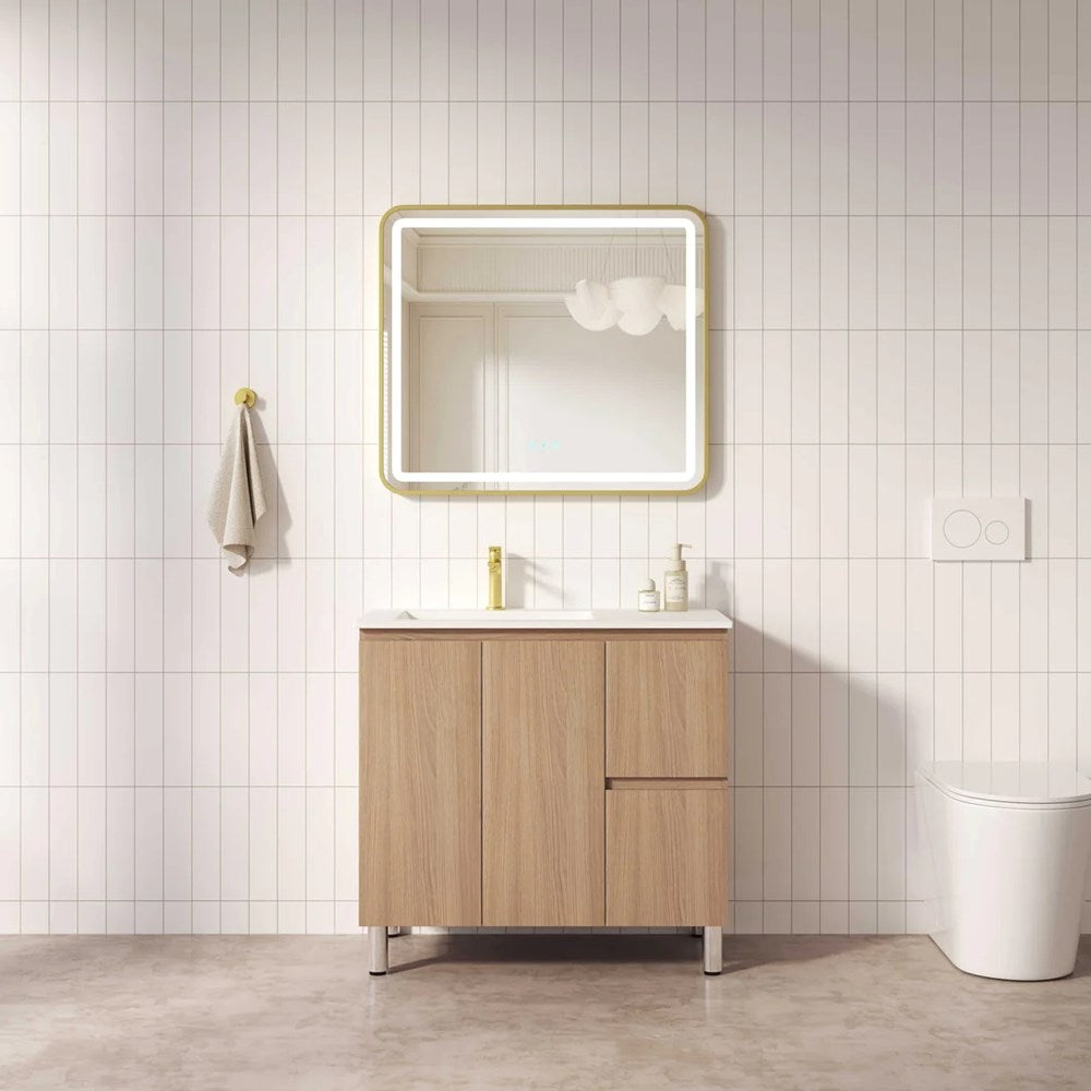 Upgrade your bathroom with the RITA 880mm Freestanding Vanity. Elegant Oak finish, 2 doors, 2 drawers and premium top options available.-Vanity-Right Hand Drawers-Cabinet Only-Legs-Ezymall AU