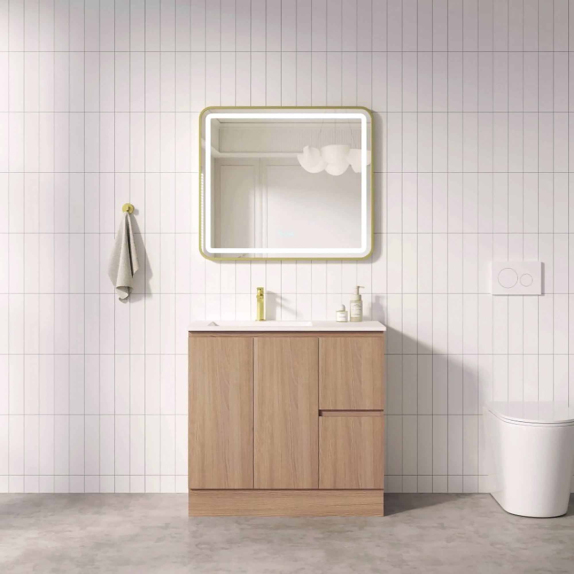Upgrade your bathroom with the RITA 880mm Freestanding Vanity. Elegant Oak finish, 2 doors, 2 drawers and premium top options available.-Vanity-Right Hand Drawers-Cabinet Only-Kickboard-Ezymall AU