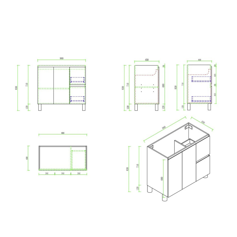 Upgrade your bathroom with the RITA 880mm Freestanding Vanity. Elegant Oak finish, 2 doors, 2 drawers and premium top options available.-Vanity-Left Hand Drawers-Cabinet Only-Legs-Ezymall AU